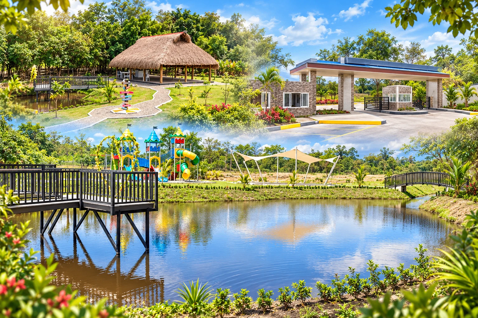 Proyectos del portafolio: lago con muelle, parque infantil, kiosco y portería rodeados de naturaleza